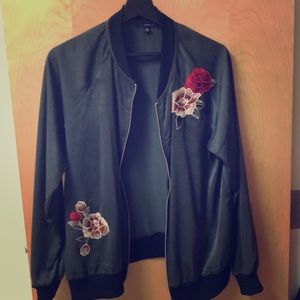 Satin bomber with floral stitching